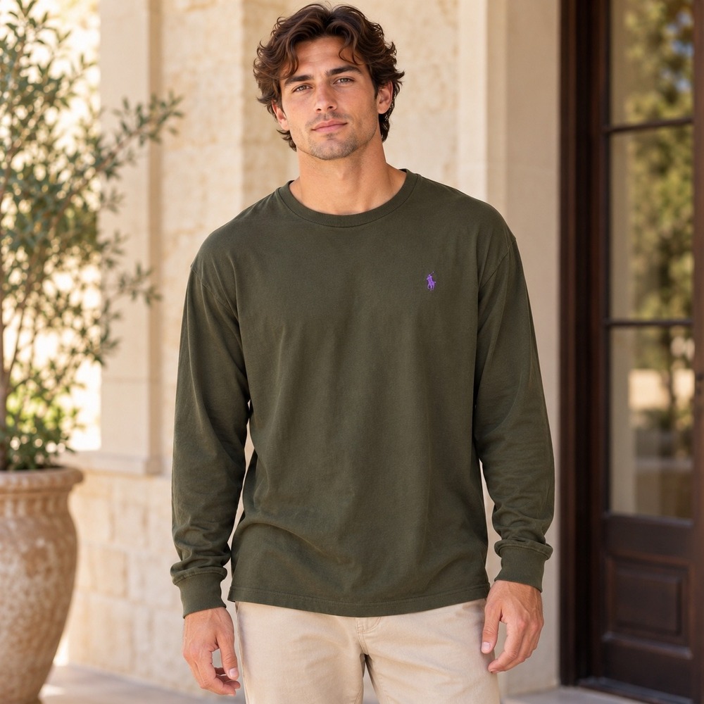 Polo Ralph Lauren Shirt Mens Size XXL Long Sleeve Olive Green Casual Tee Pony